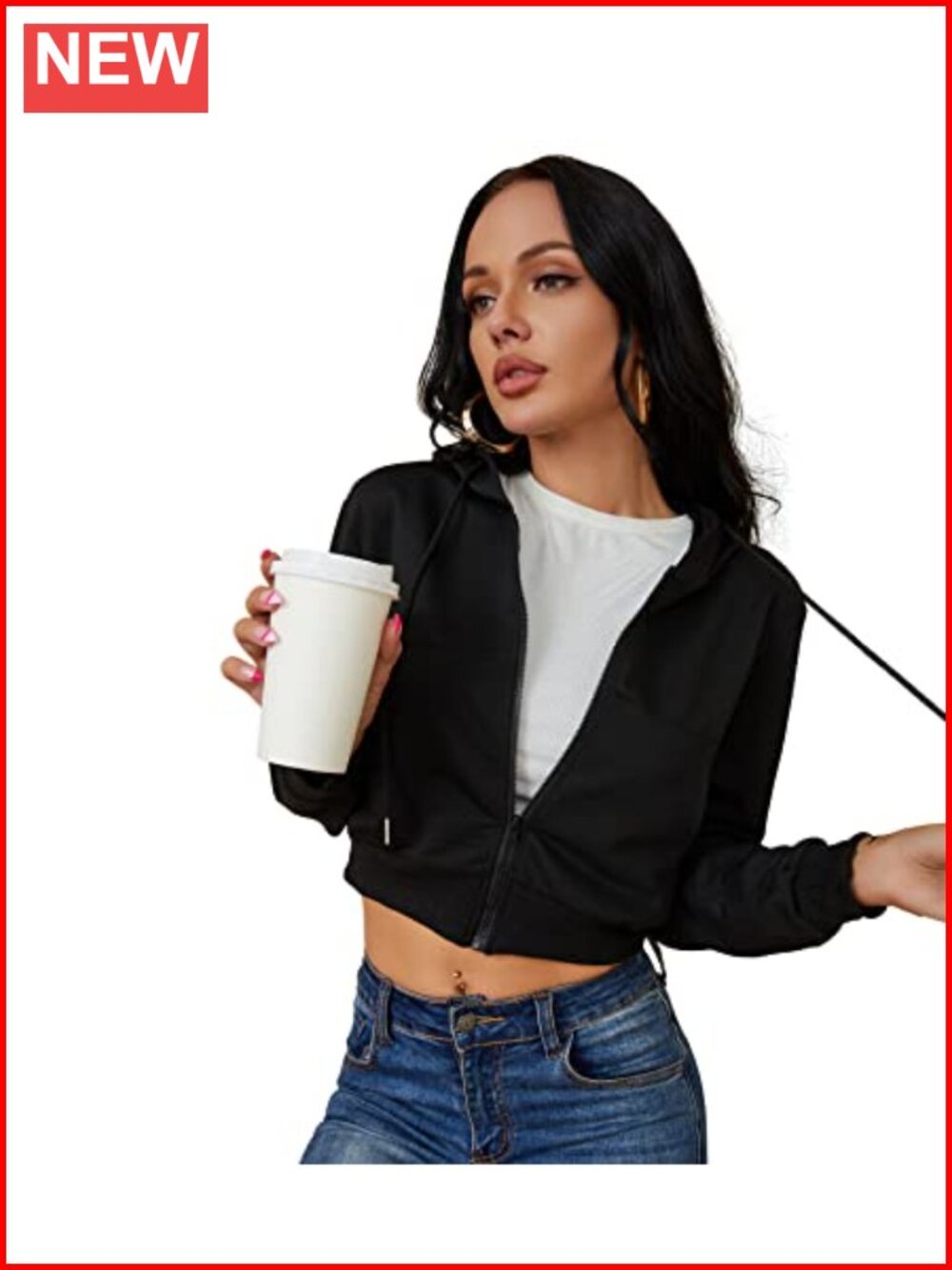 Women's Cropped Zip Up Hoodie Cotton Polyester Drawstring Hooded Sweatshirt